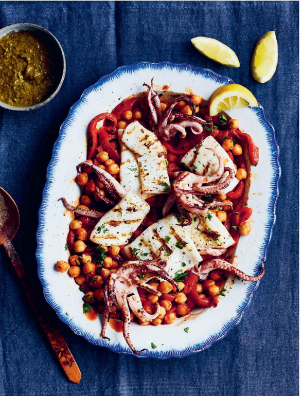 Grilled squid, chickpeas, peppers and chermoula