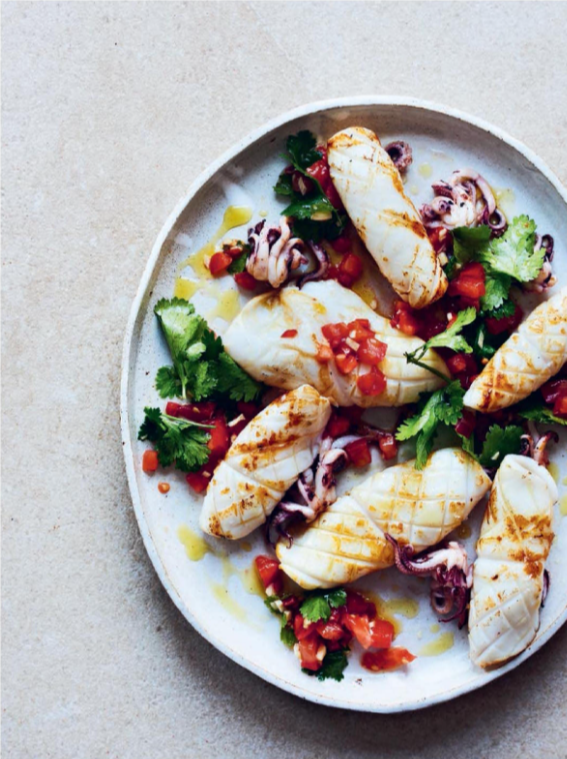 Grilled squid with chopped tomatoes, chilli and coriander