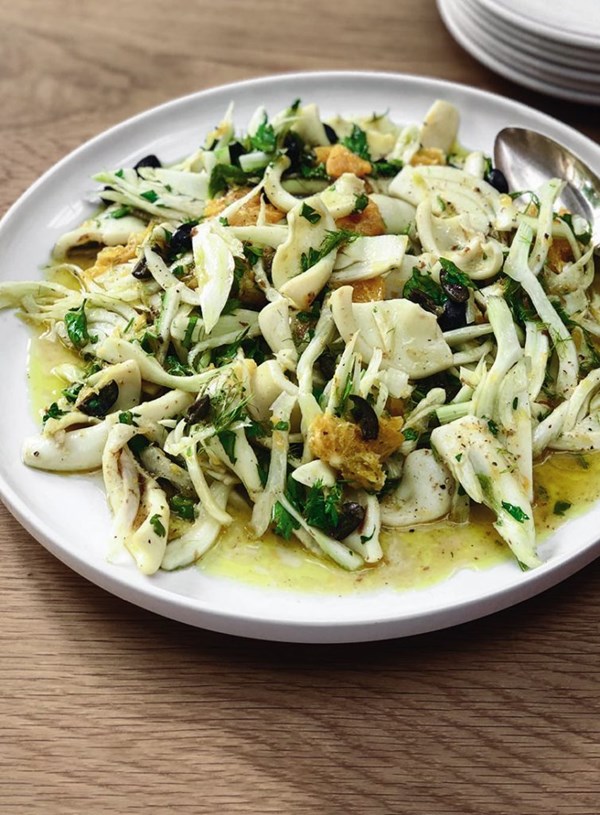 Grilled squid with orange, fennel and black olives