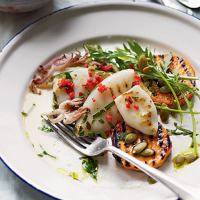 Grilled squid with rocket and sweet potato salad