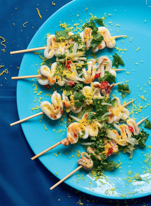 Grilled squid with salted egg & pickled garlic