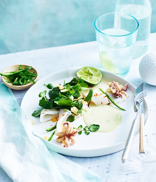 Grilled squid with watercress, green chilli mayo and fried garlic