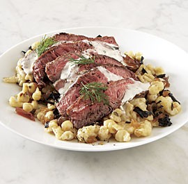 Grilled steak and peppered spaetzle with black trumpet mushrooms and shallot marmalade