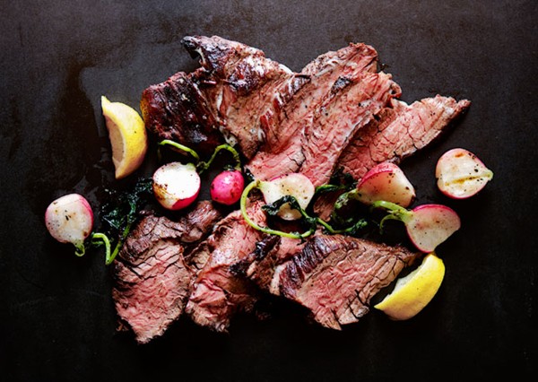 Grilled steak and radishes with black pepper butter