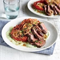 Grilled steak and tomatoes with tofu ranch dressing