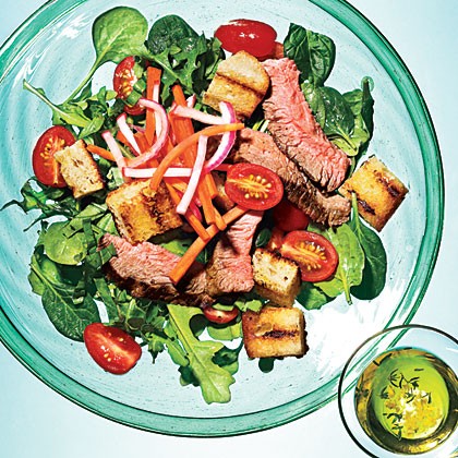 Grilled steak panzanella with pickled vegetables