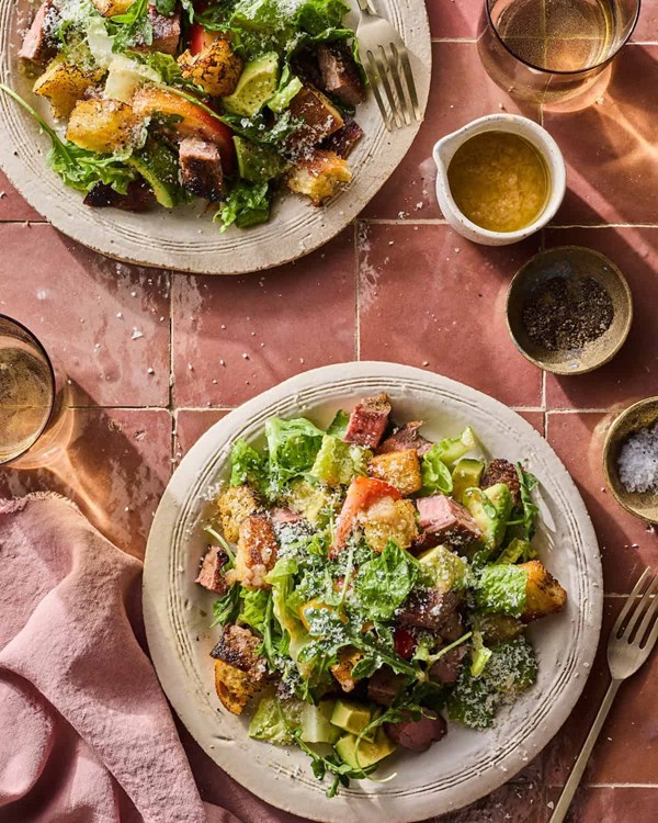 Grilled steak salad with caramelized onion vinaigrette