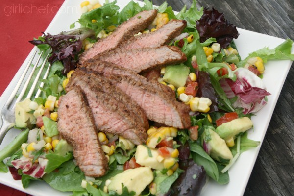 Grilled steak salad with corn salsa