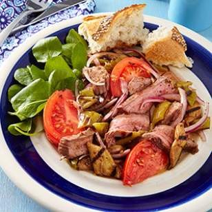 Grilled steak salad with tomatoes & eggplant