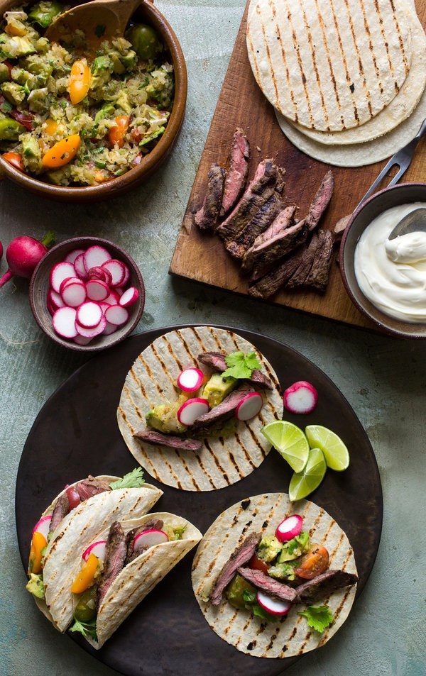 Grilled steak tacos with cherry tomato-avocado salsa