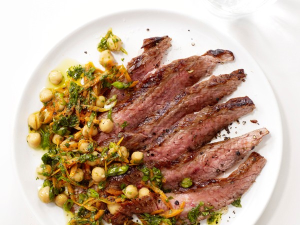 Grilled steak with chickpea salad and cilantro pesto