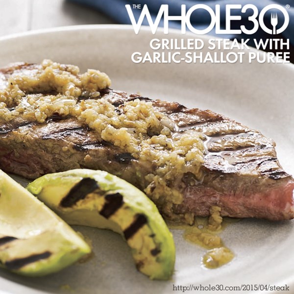 Grilled steak with garlic-shallot puree and avocado