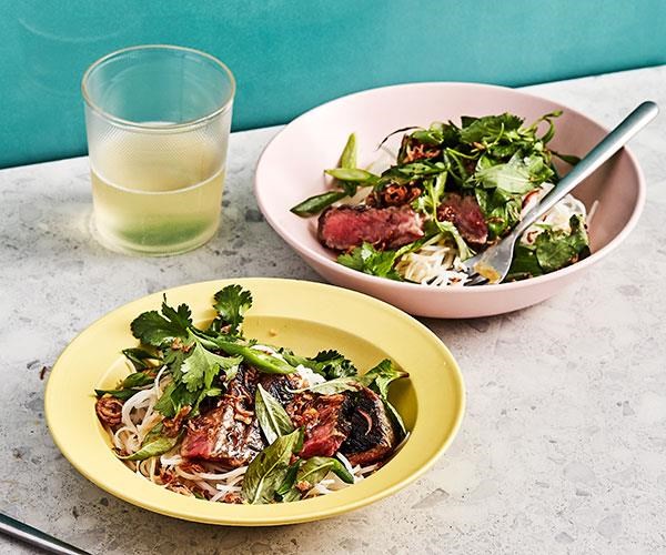 Grilled steak with rice noodles, lime and Vietnamese mint