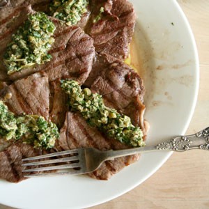 Grilled steak with sauce vierge