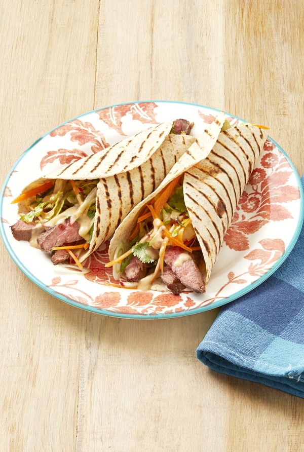 Grilled steak wraps with peanut sauce