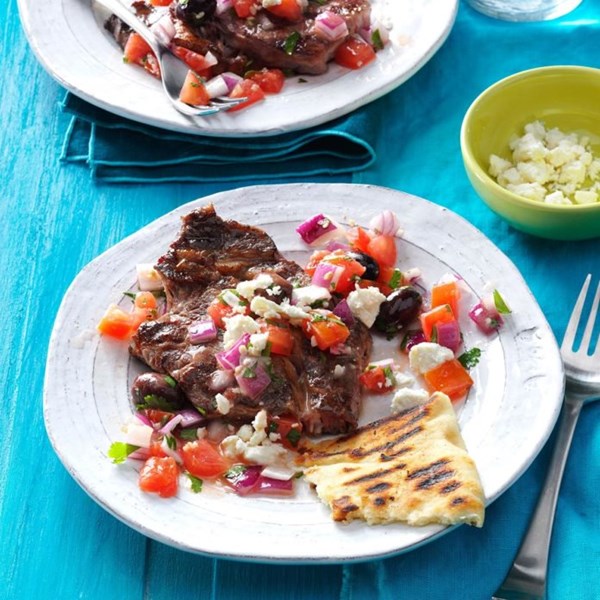 Grilled steaks with Greek relish