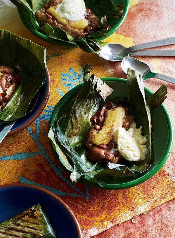 Grilled sticky rice in banana leaf