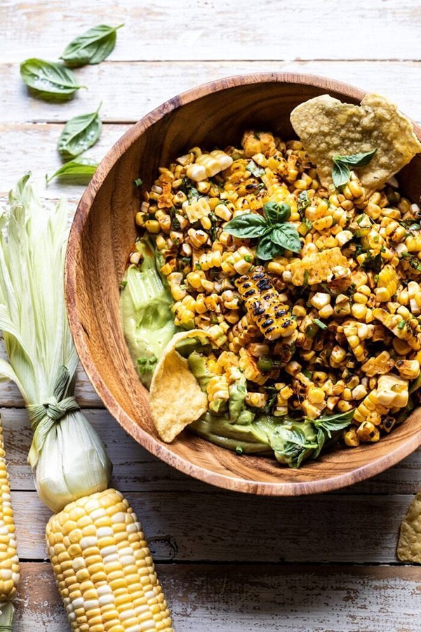 Grilled street corn salad with avocado “mayo”
