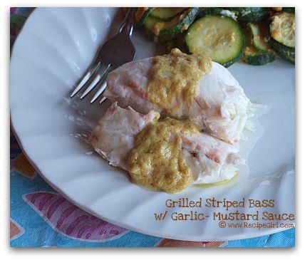 Grilled striped bass with garlic mustard sauce