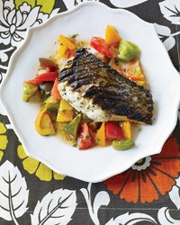 Grilled striped bass with Indian-spiced tomato salad