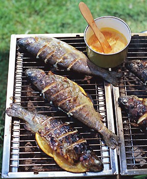 Grilled striped bass with orange-saffron butter