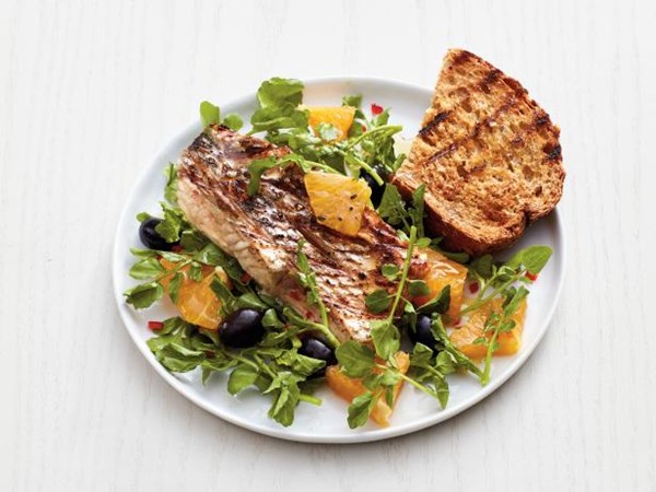 Grilled striped bass with oranges and watercress