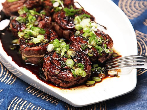 Grilled stuffed flank steak with scallions, ginger, and teriyaki glaze