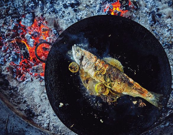 Grilled stuffed trout with pebre sauce
