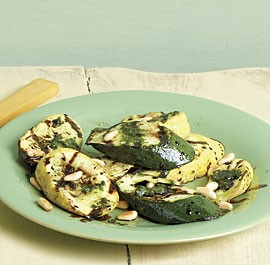Grilled summer squash with pesto and balsamic syrup