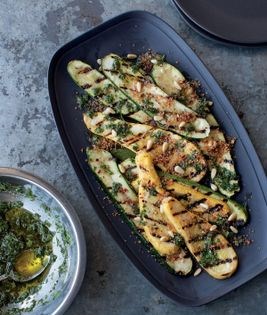 Grilled summer squash with pine nut picada