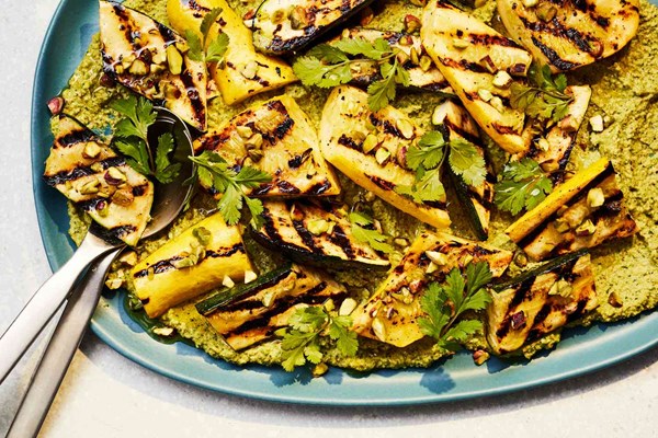 Grilled summer squash with roasted pistachio sauce
