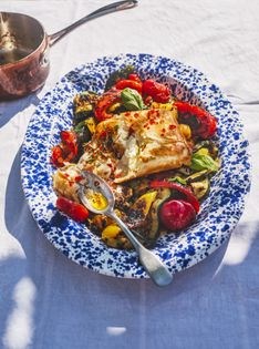 Grilled summer vegetables with crispy fried feta & honey