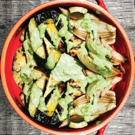 Grilled summer vegetables with green goddess dressing