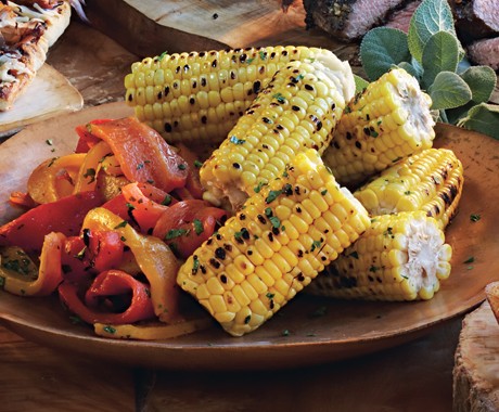 Grilled sweet peppers and corn