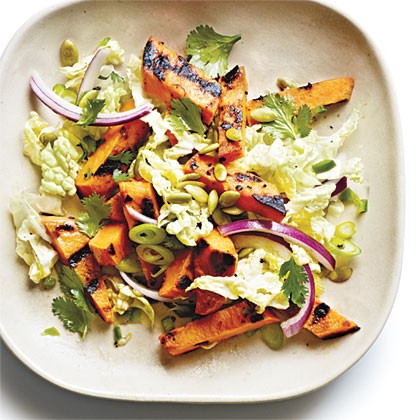 Grilled sweet potato and napa cabbage salad with lime vinaigrette