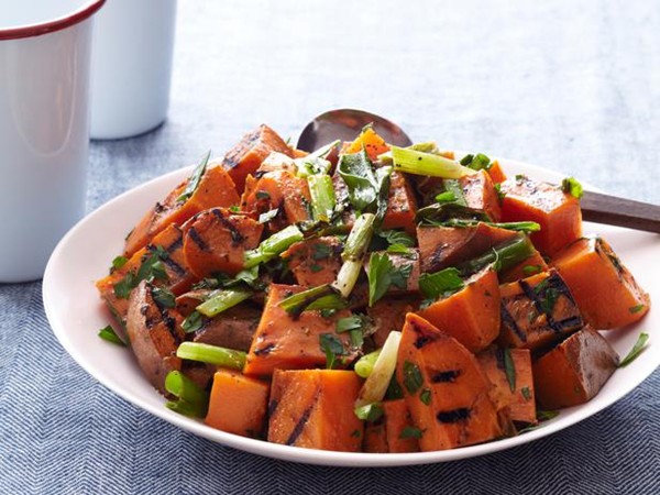 Grilled sweet potato and scallion salad