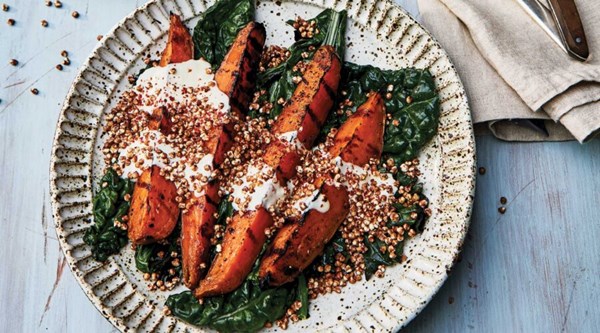 Grilled sweet potatoes, kale, garlicky yogurt, puffed buckwheat [salad]