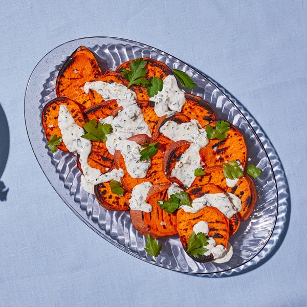 Grilled sweet potatoes with charred scallion mayo