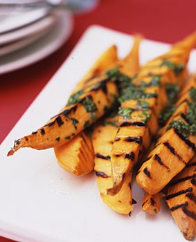 Grilled sweet potatoes with lime cilantro vinaigrette