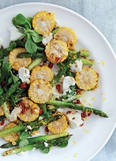 Grilled sweetcorn and asparagus with ricotta, goji berries and truffled honey dressing