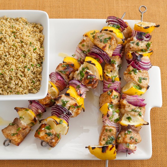 Grilled swordfish skewers with basil oil