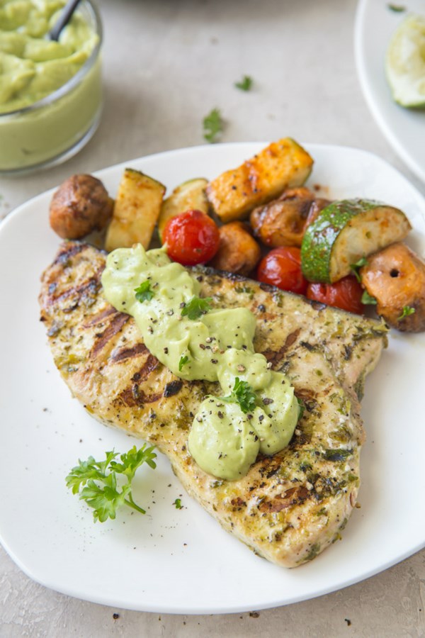 Grilled swordfish steaks with avocado mayonnaise