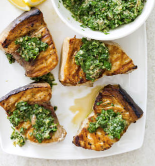 Grilled swordfish steaks with salsa verde