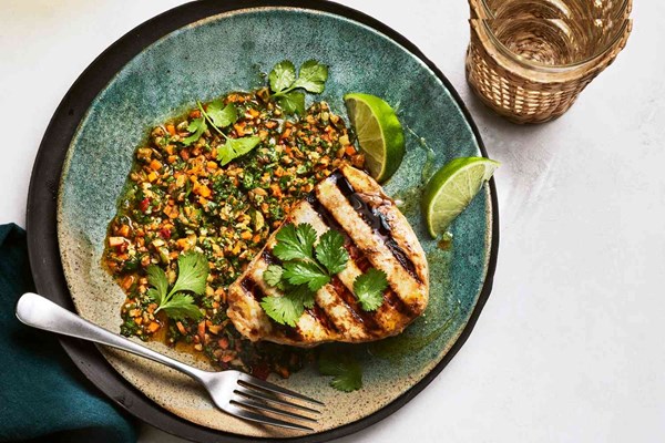 Grilled swordfish with carrot-and-walnut salsa