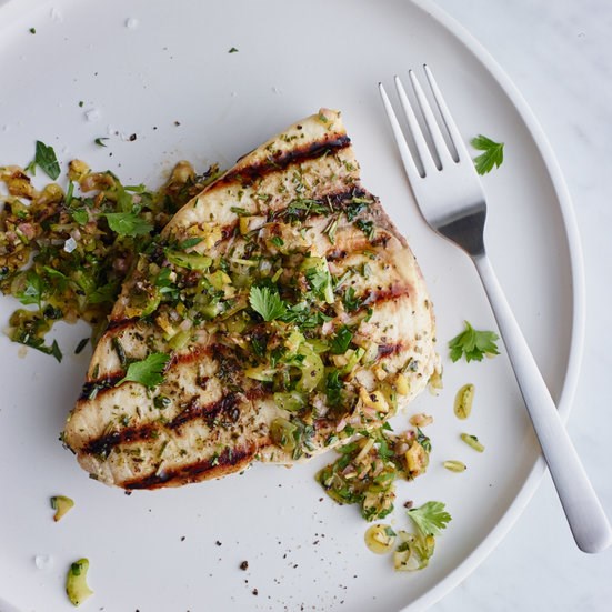 Grilled swordfish with herbs and charred lemon salsa
