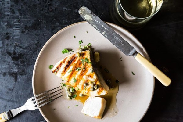 Grilled swordfish with lemon and caper sauce