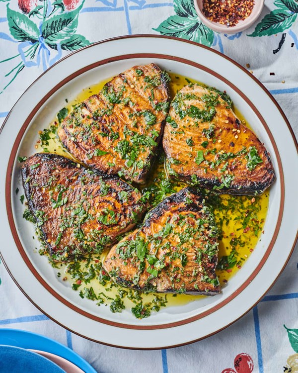 Grilled swordfish with lemon-herb sauce