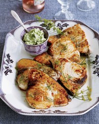 Grilled swordfish with lima-bean-and-herb butter