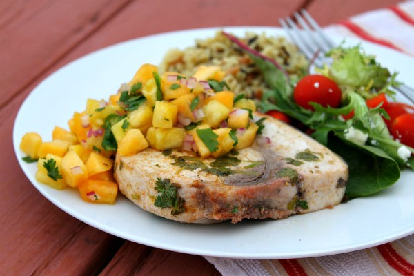 Grilled swordfish with pineapple-peach salsa