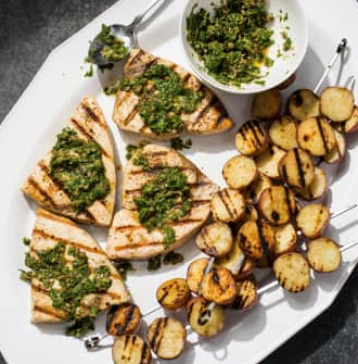 Grilled swordfish with potatoes and salsa verde